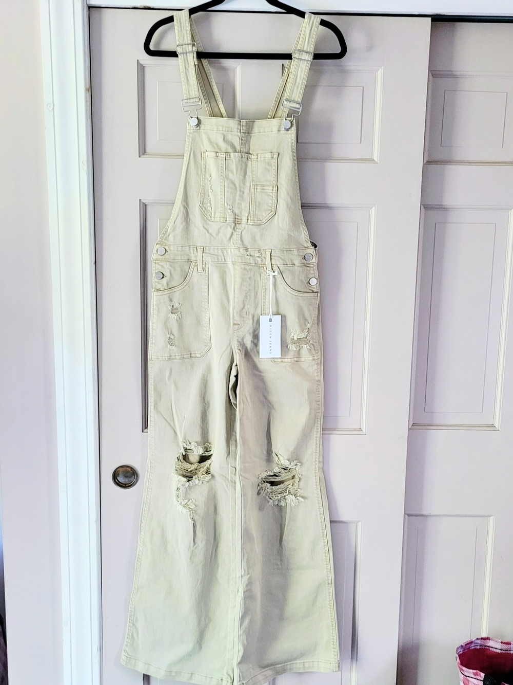 Risen Beige Distressed Women's Denim Overalls L NWT